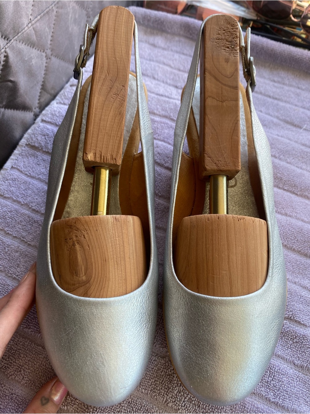 UNISA Silver Leather Wood Platform Wedge Slingback Sandals - Size 38